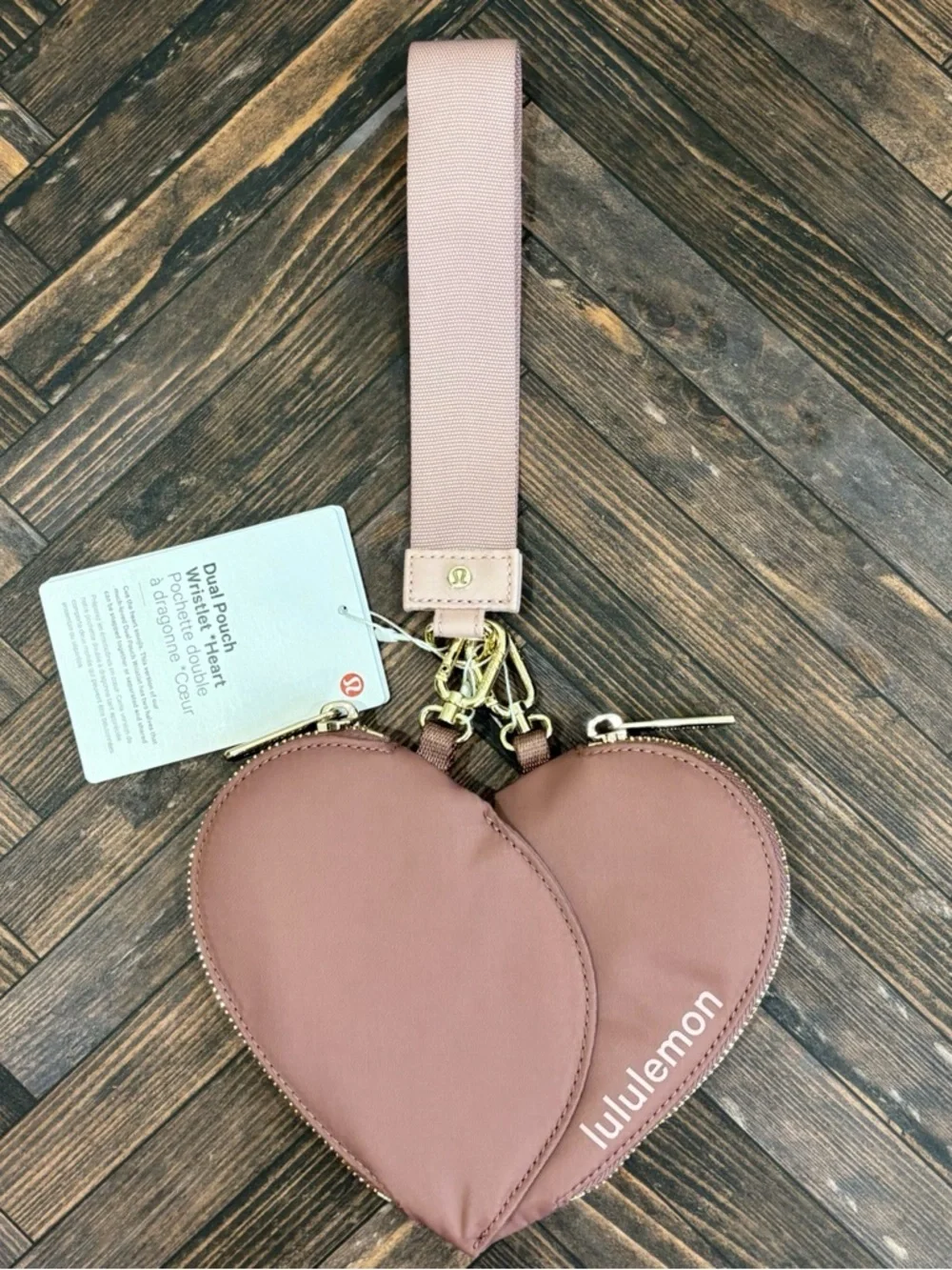 NWT Lululemon Dual Pouch Wristlet *Heart In Spiced Chai/Pink Haze/Gold